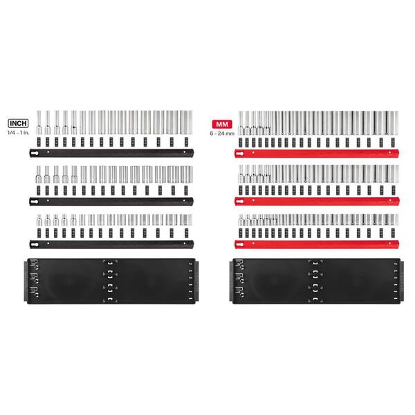 3/8 Inch Drive Shallow, Semi-Deep, and Deep 6-Point Socket Set with Rails and Trays, 102-Piece (1/4-1 in., 6-24 mm)