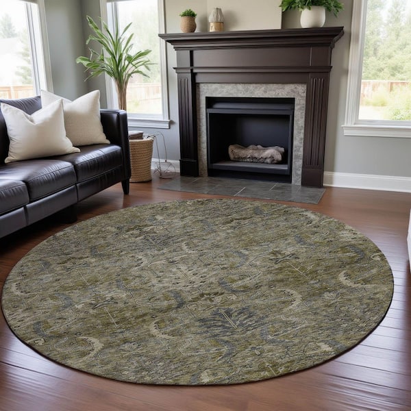Mayfield Premium Machine Washable Abstract AMF1082 Taupe 8 ft. x 8 ft. Round Rug