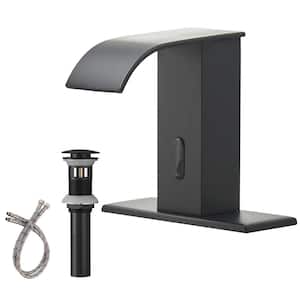 Waterfall Automatic Sensor Touchless Bathroom Sink Faucet With Pop Up Drain With Overflow & Deck Plate In Matte Black