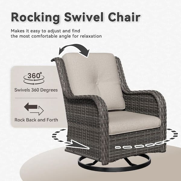 5-Piece Wicker Outdoor Patio Conversation Set Swivel Rocking Chair Set with Beige Cushions