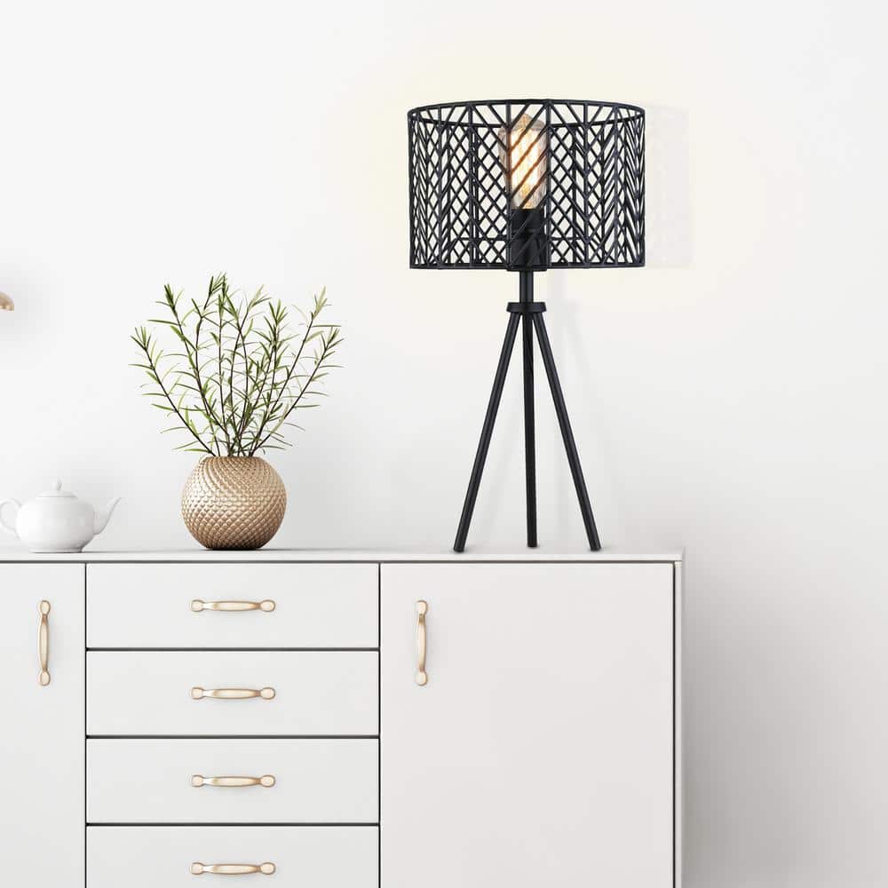 18.5" Black Metal Tripod Table Lamp with Cage Shade