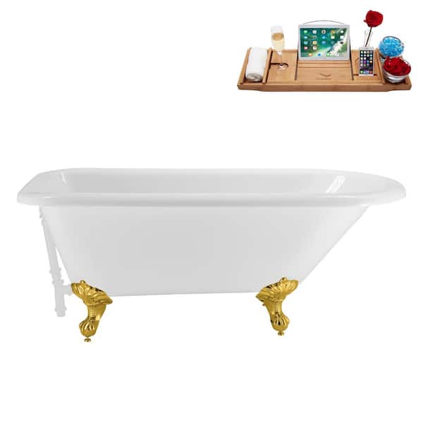 Streamline 62 in. x 29 in. Acrylic Clawfoot Soaking Bathtub in Glossy White with Glossy White Drain, Polished Gold Clawfeet