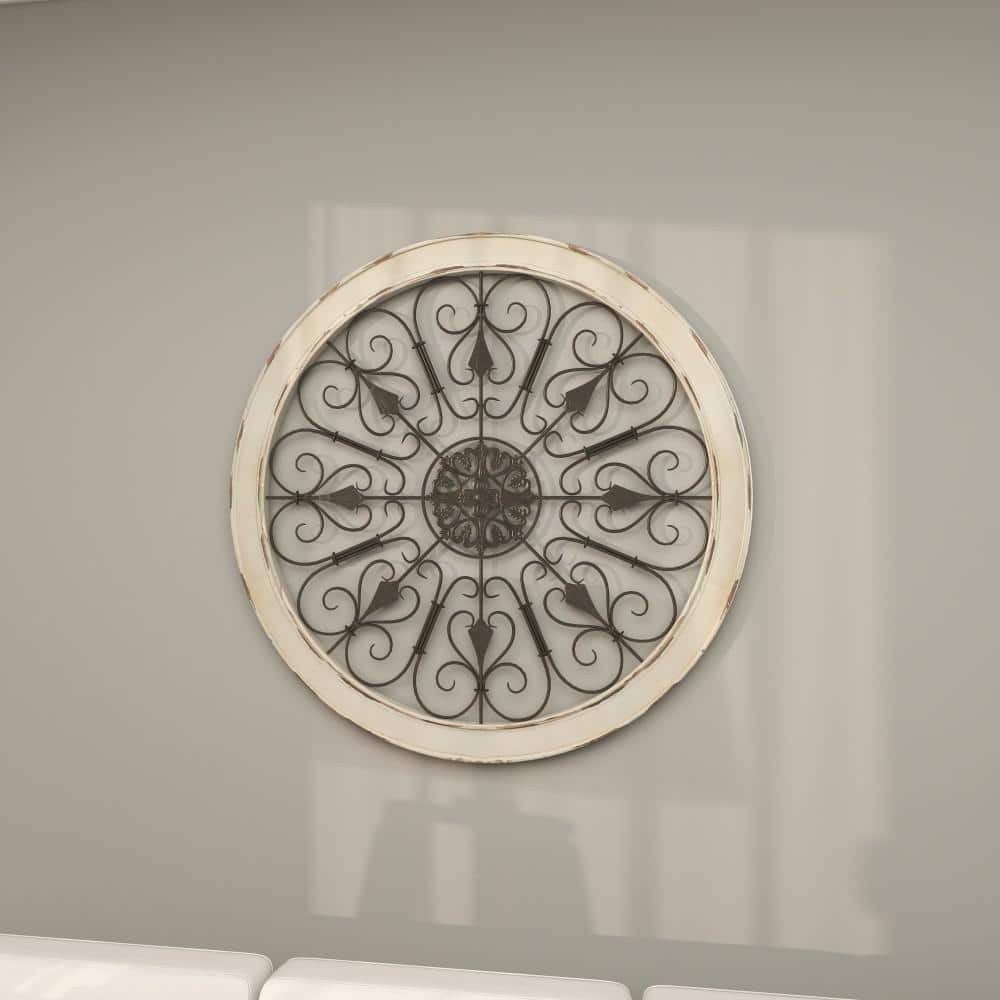 White Distressed Wood and Iron Scroll Wall Decor, 36" Round