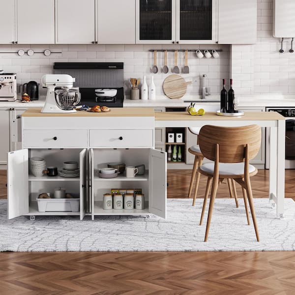 Timussi White Rubber Wood Kitchen Cart with Extendable Dining Table and Towel Rack