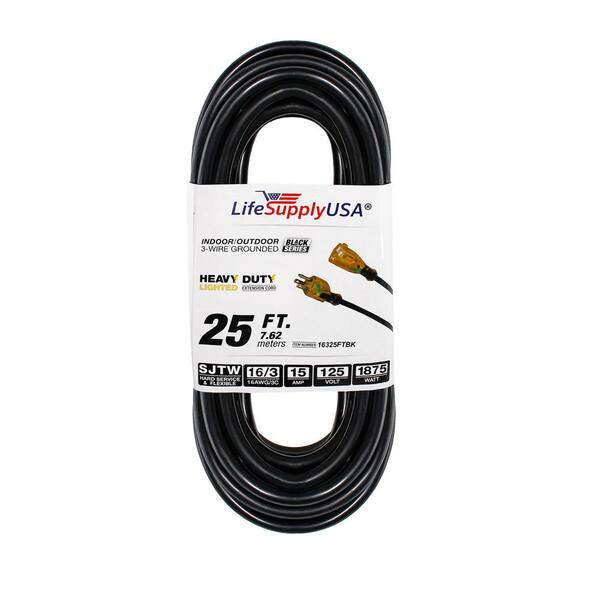 LifeSupplyUSA 25 ft. 16/3 SJTW 13 Amp 125-Volt 1625-Watt Lighted End Indoor/Outdoor Black Heavy-Duty Extension Cord (100-Pack)