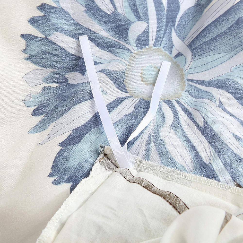 Cream and Blue Gray Floral Cotton Queen Duvet Cover Set