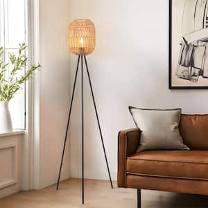 61 in. H Matte Black Mid Century 1-Light Tripod Floor Lamp for Living Room with Twine Rattan Rope Drum Shade