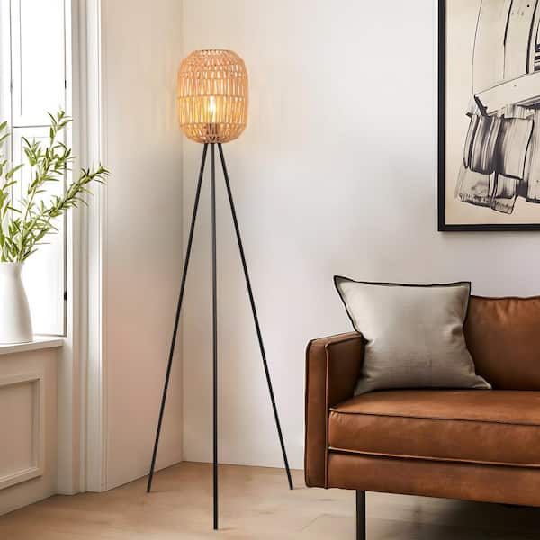 TOZING 61 in. H Matte Black Mid Century 1-Light Tripod Floor Lamp for Living Room with Twine Rattan Rope Drum Shade