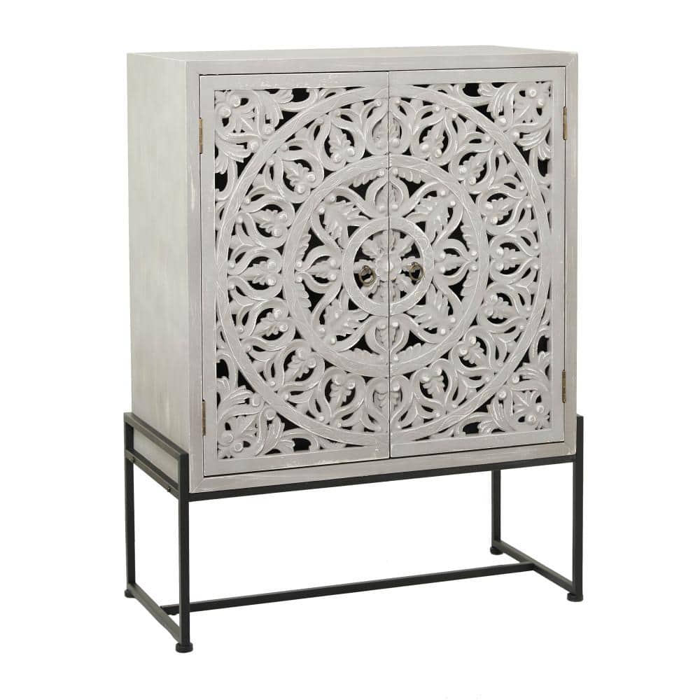 Litton Lane Gray Wood Intricately Carved 1 Shelf and 2 Doors Floral Cabinet  040834 - The Home Depot