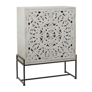 Gray Wood Intricately Carved 1 Shelf and 2 Doors Floral Cabinet