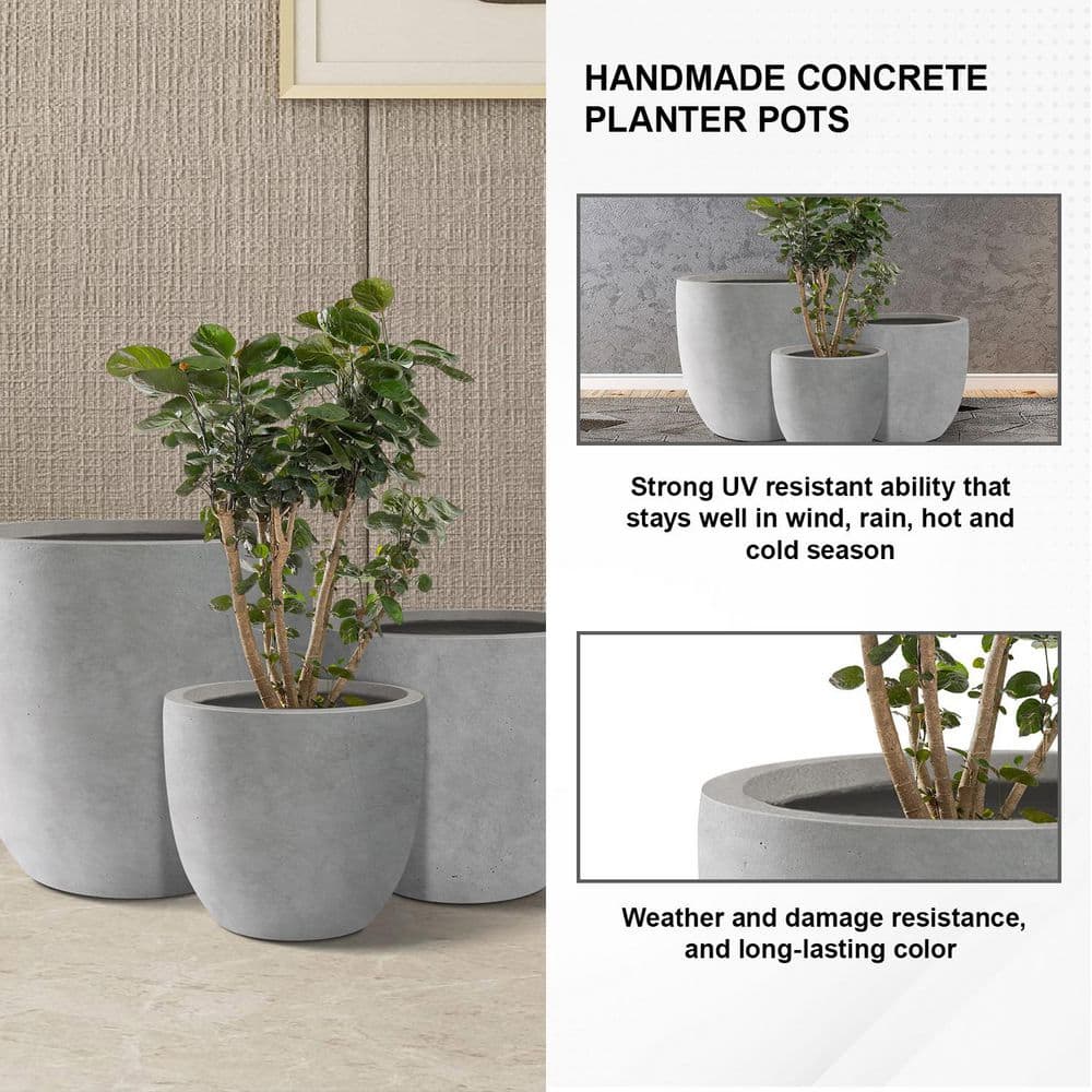 Natural Concrete Round Planters Set of 3 with Drainage Holes