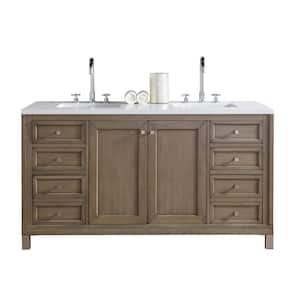 Chicago 60 in. W Double Bath Vanity in Whitewashed Walnut with Quartz Vanity Top in Classic White with White Basin