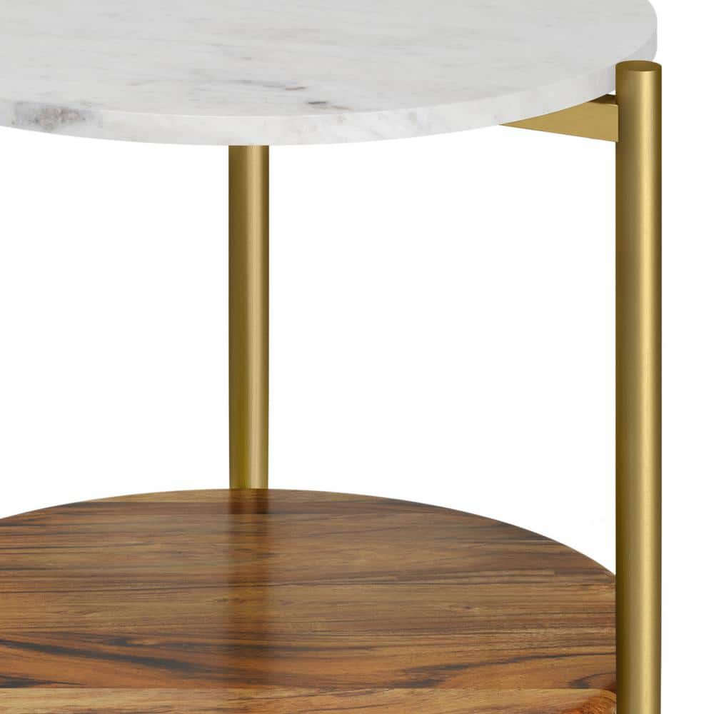 Wagner 18" Round White Marble and Acacia Wood Side Table