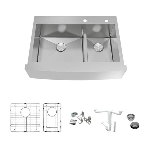 Transolid Diamond 16-Gauge Stainless Steel 35.8 in. Double Bowl Farmhouse Apron Kitchen Sink Kit with Magnetic Accessories
