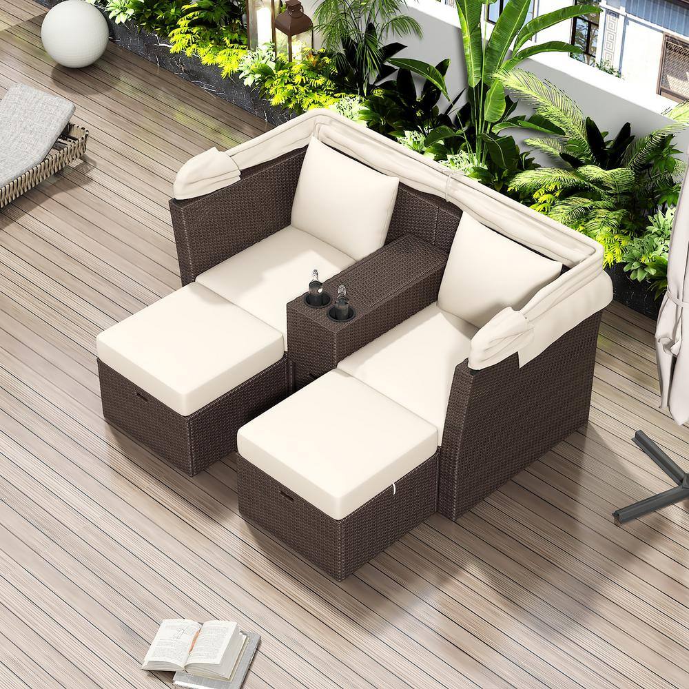 2-Seater Wicker Outdoor Patio Day Bed Loveseat Sofa Set with Foldable Awning and Beige Cushions price history on PriceWatchPro