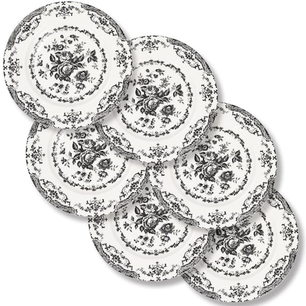 6-Piece 10.5 in. Black Floral Rose Porcelain Dinner Plates Set Microwave Oven Dishwasher Safe Kitchen