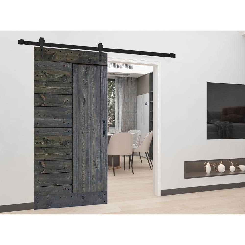 Carbon Gray Solid Knotty Pine Wood Sliding Barn Door Kit with Black Hardware