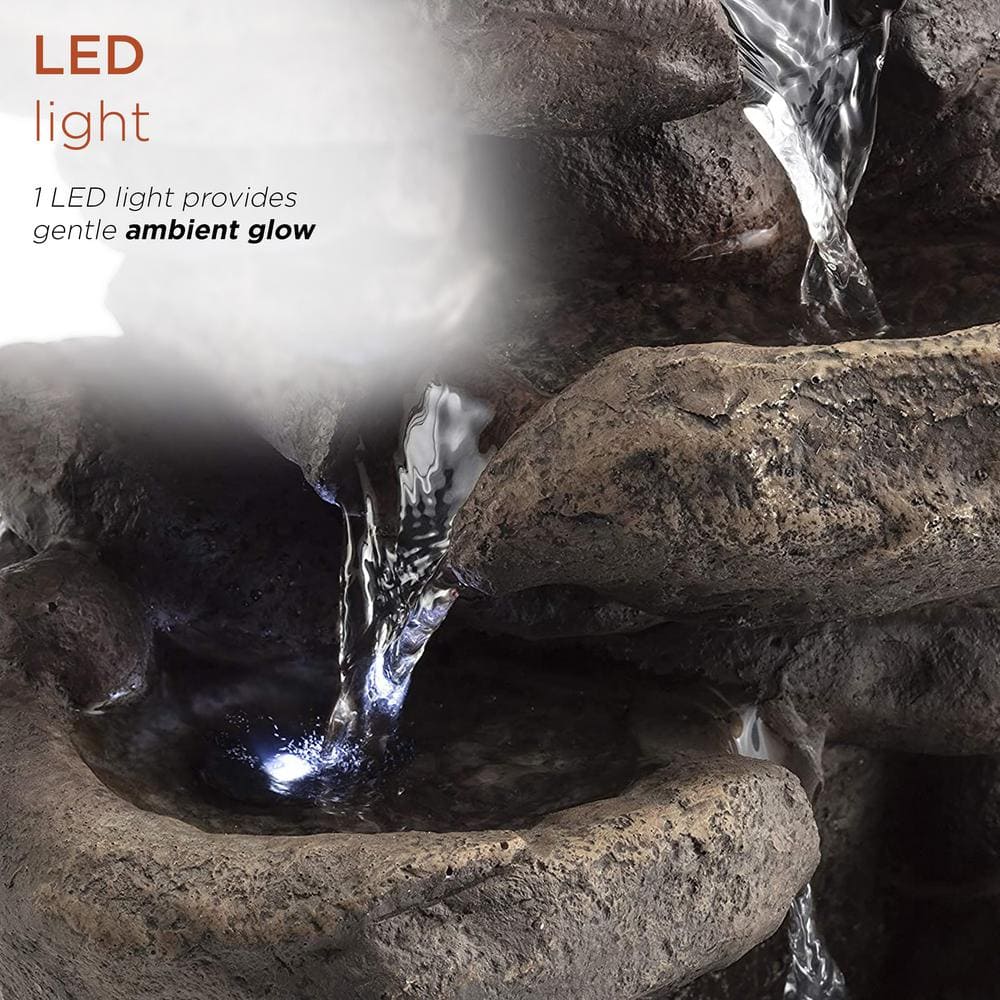11" Gray Fiberglass 3-Tier Rock Tabletop Fountain with LED Light