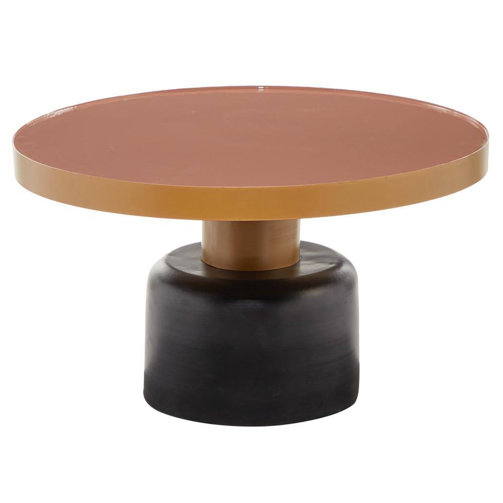 Elegant Gold and Black Round Metal Coffee Table with Enamel Inlay