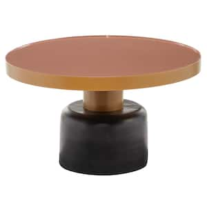 30 in. x 18 in. Round Gold and Black Metal Coffee Table with Dark Peach Enamel Inlay