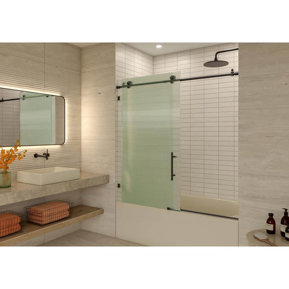 Galaxy 60" Matte Black Frameless Fluted Glass Sliding Bathtub Door