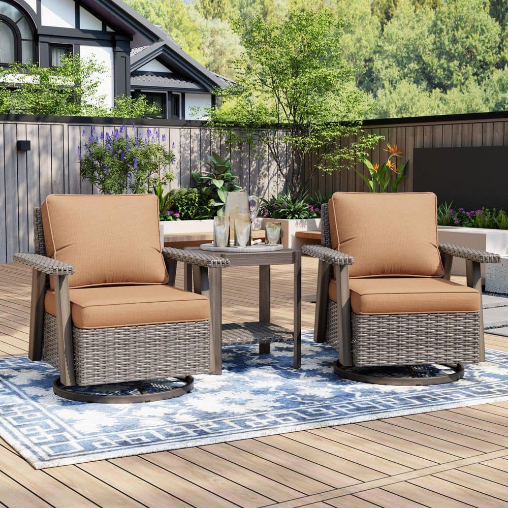 3-Piece Wicker Outdoor Chat Set Patio Swivel Rocking Chair Set with Side Table and Tan Cushion price history on PriceWatchPro