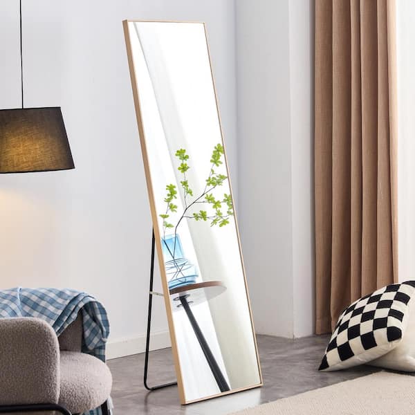 Unbranded Beige 17.3 in. W x 60 in. H Rectangular Solid Wood Frame Full Length Mirror and Dressing Mirror and Floor Mounted Mirror