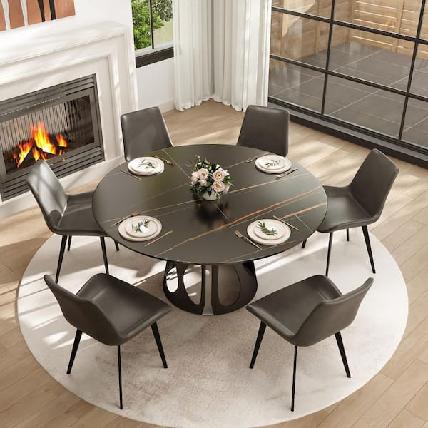 Magic Home 59 in. Black Round Sintered Stone Tabletop with Black Metal Pedestal Base Dining Table (Seats-8)