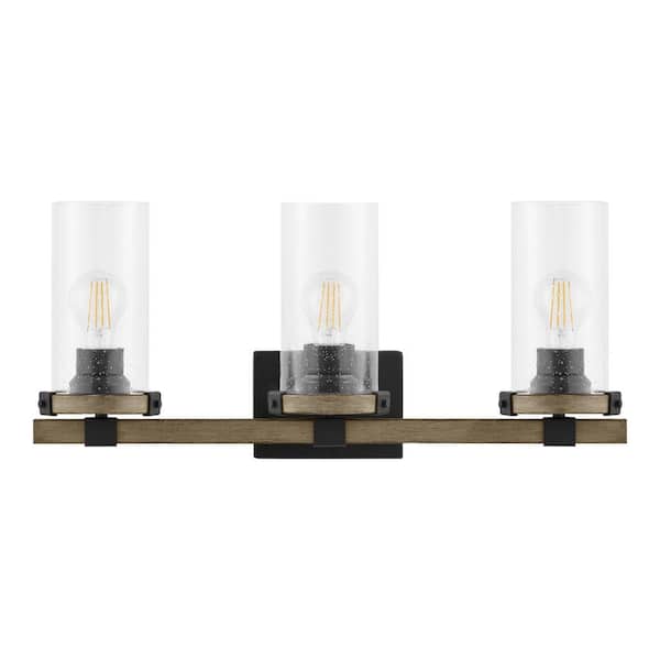Hampton Bay Richland 24 in. 3-Light Gray Wood Vanity Light with Clear Seedy Glass