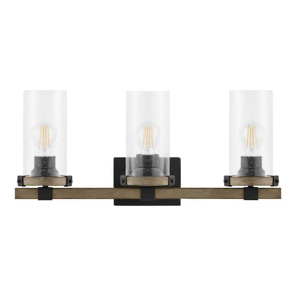Luminosa 24 in. W 3-Light Grey Wood Finish Vanity Light with Clear Seeded Glass