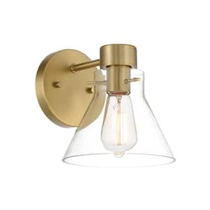 Willow Creek 7 in. 1-Light Brushed Gold Contemporary Wall Sconce with Clear Glass Shade