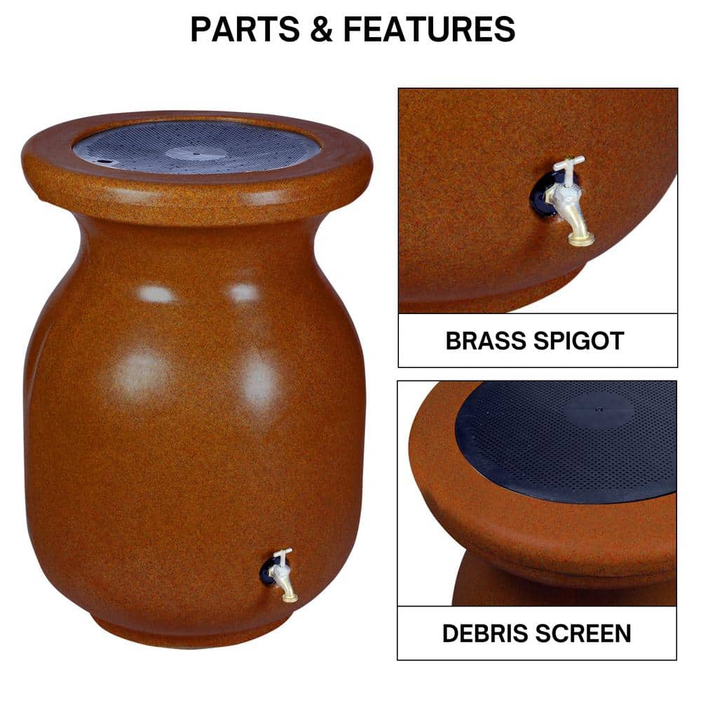 Terracotta Sandstone Look 50 Gallon Rain Barrel with Brass Tap