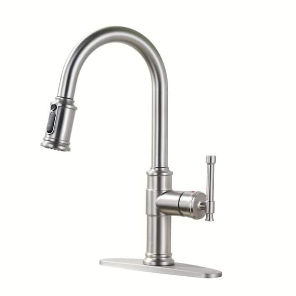 Brushed Nickel Single Handle Pull-Down Sprayer Kitchen Faucet with 3-Mode Sprayer and Deckplate in Stainless Steel