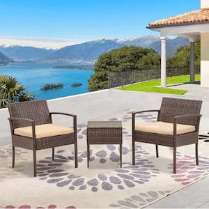 3-Piece Brown PE Wicker Patio Outdoor Conversation Set with Yellow Cushions and Glass Coffee Table