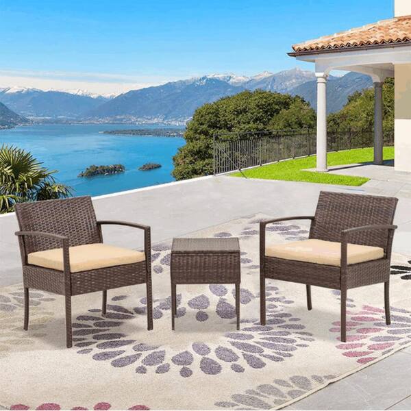 Unbranded 3-Piece Brown PE Wicker Patio Outdoor Conversation Set with Yellow Cushions and Glass Coffee Table