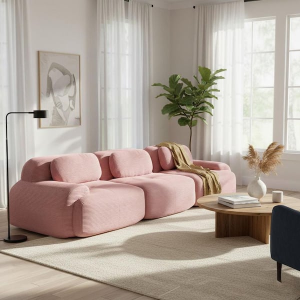 SMZO 117.3 in. Rolled Arm 2-Piece Corduroy Modular Sectional Sofa in. Blush Pink with Ergonomic, High-Density Cushions