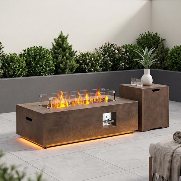 42 in. Propane Fire Pit Table for Outside Patio, Outdoor Fireplaces with Warm LED Lights in Wood Grain Walnut