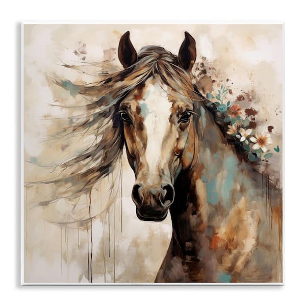 Brown Horse with Florals by Lazar Studio Unframed Graphic Art Print Animal 12 in. x 12 in.