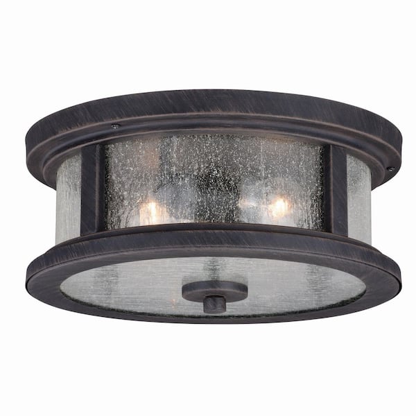 VAXCEL Cumberland Bronze Rustic Round Outdoor Flush Mount 2-Light Ceiling Fixture Clear Glass