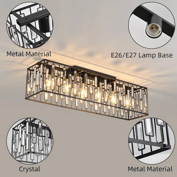 Genoci 38.7 in. 6-Light Black Modern Crystal Rectangle Flush Mount