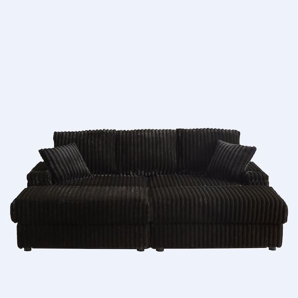 83.8 in. Rolled Arm Velvet Modern Straight 3-Seats Sofa in Black with 2 Pillows
