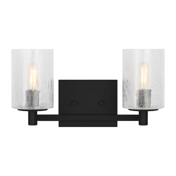 Parker 14.25 in. W x 7.75 in. H 2-Light Midnight Black Bathroom Vanity Light with Clear Crackle Glass Shades