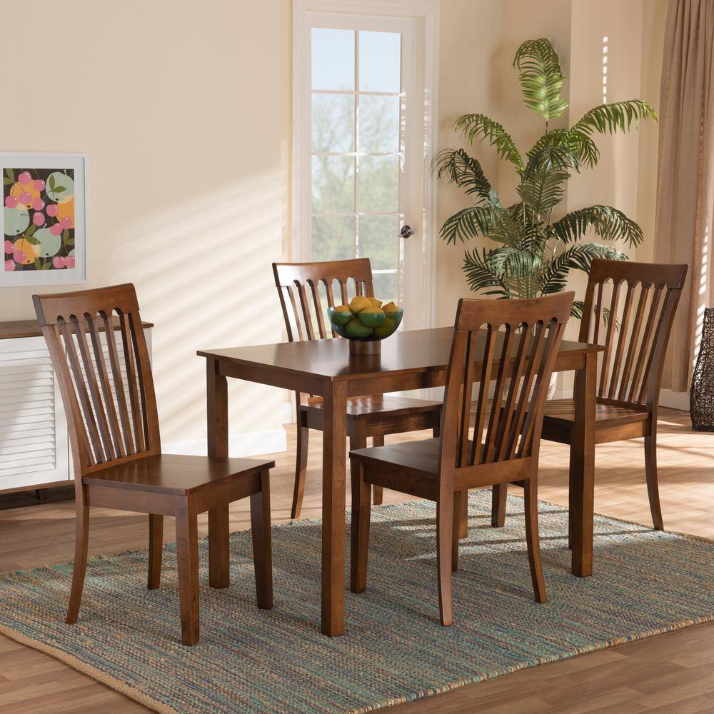 Walnut Brown Wood 5-Piece Dining Set with Cut-Out Backrest Chairs