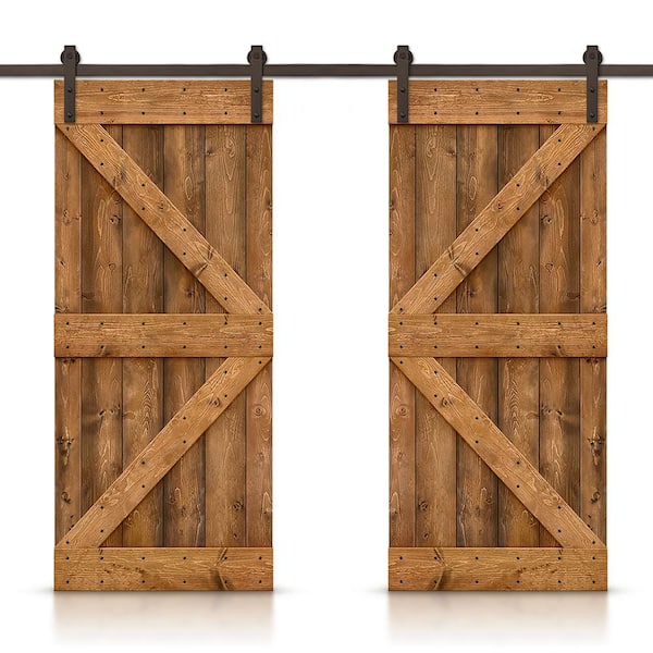 CALHOME K 68 in. x 84 in. Walnut Stained DIY Solid Knotty Pine Wood Interior Double Sliding Barn Door with Hardware Kit