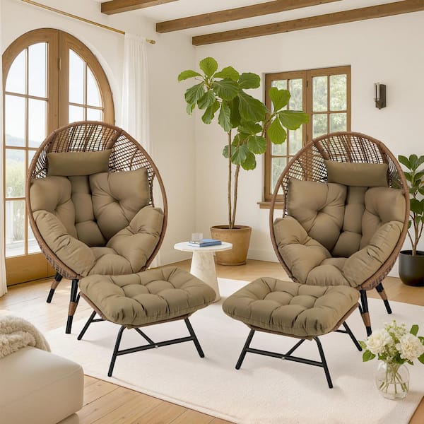 Set of 2 PE Wicker Indoor/Outdoor Lounge Egg Chairs with 2-Ottomans and Brown Cushions for Patio Porch Balcony