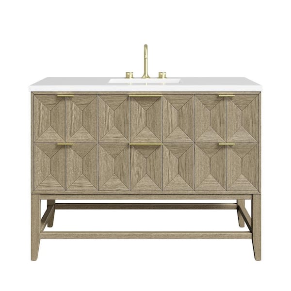 James Martin Vanities Emmeline 48.0 in. W x 23.5 in. D x 36 in. H Single Bathroom Vanity Pebble Oak and White Zeus Quartz Top