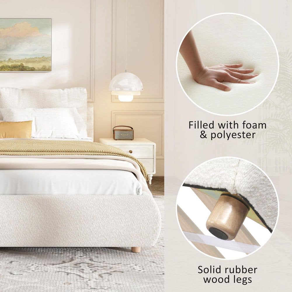Linden White Boucle Fabric Upholstered Wood Frame Queen Size Platform Bed with Removable Pillow Headboard - thumbnail 5