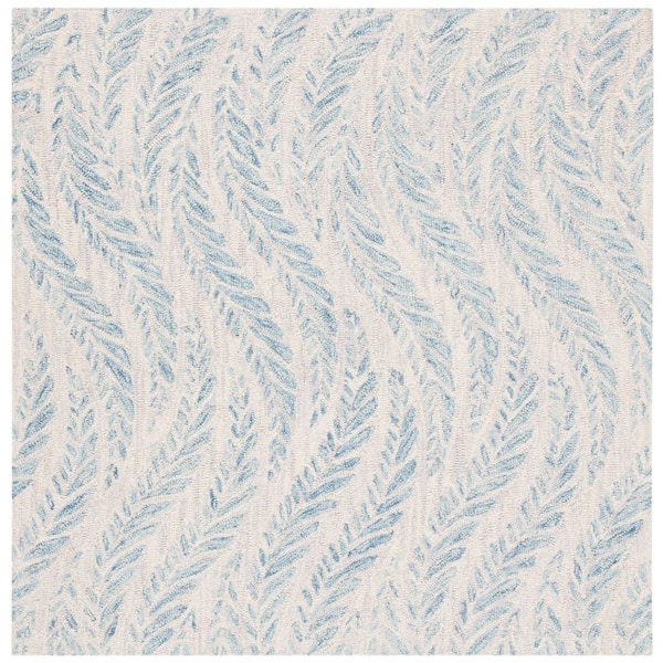 SAFAVIEH Micro-Loop Ivory/Blue 5 ft. x 5 ft. Floral Striped Square Area Rug