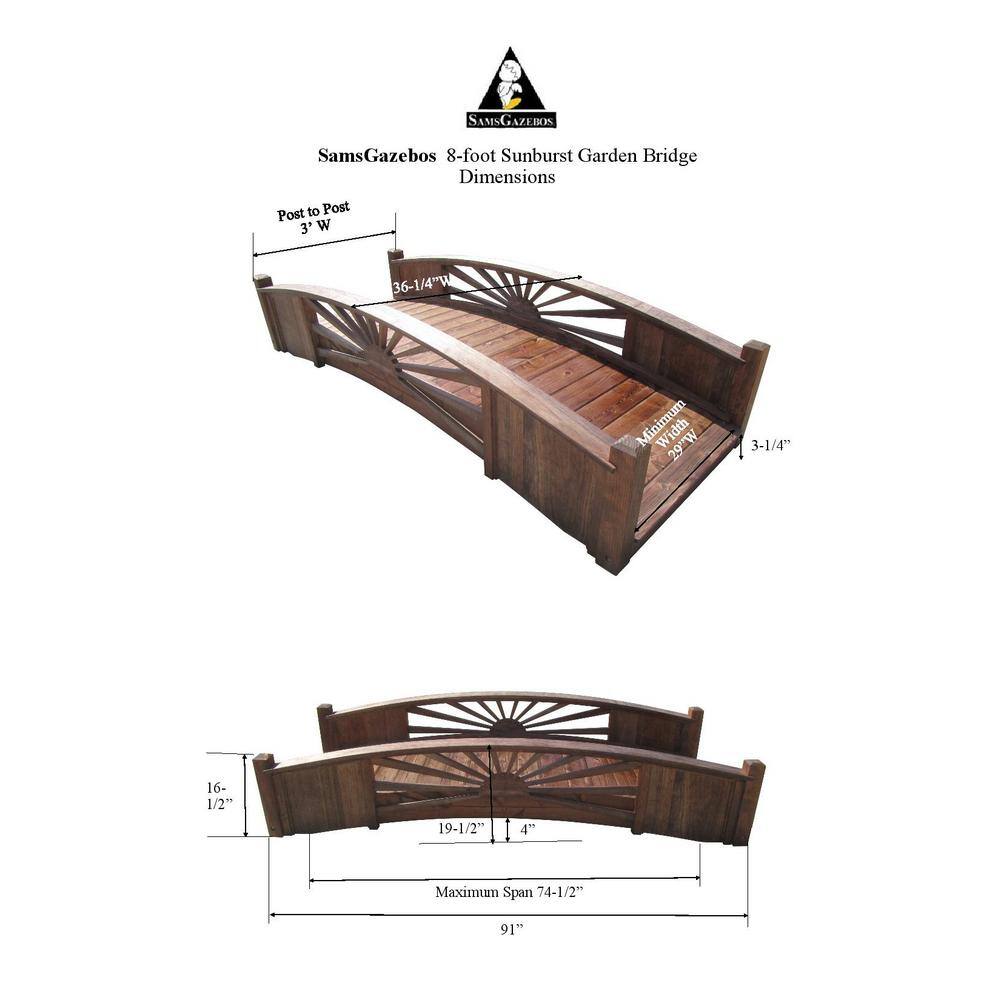 Sunburst 8 ft Wooden Garden Bridge in Natural Finish