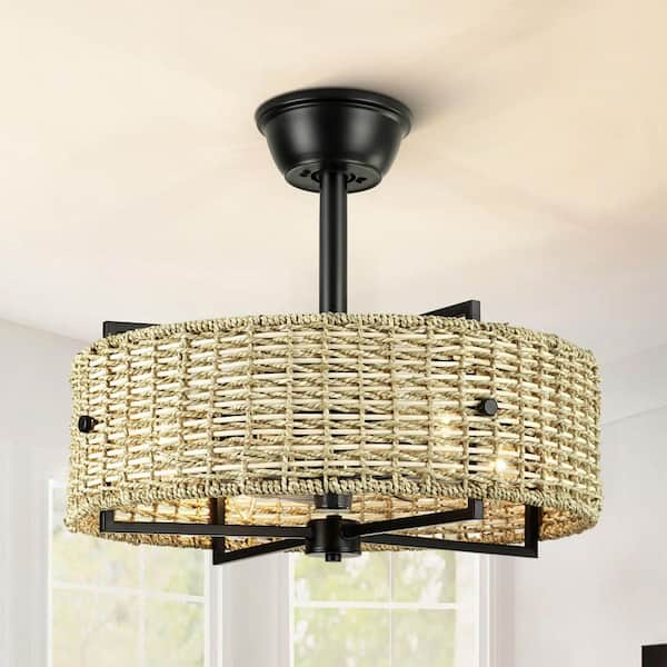 Haywa 19.3 in. W 4-Light Modern Boho Bamboo Rattan Drum Indoor Ceiling Fan with Remote Control